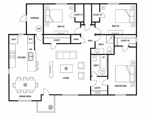 Floor plan for 3 beds, 1 bath, 1067 sqft